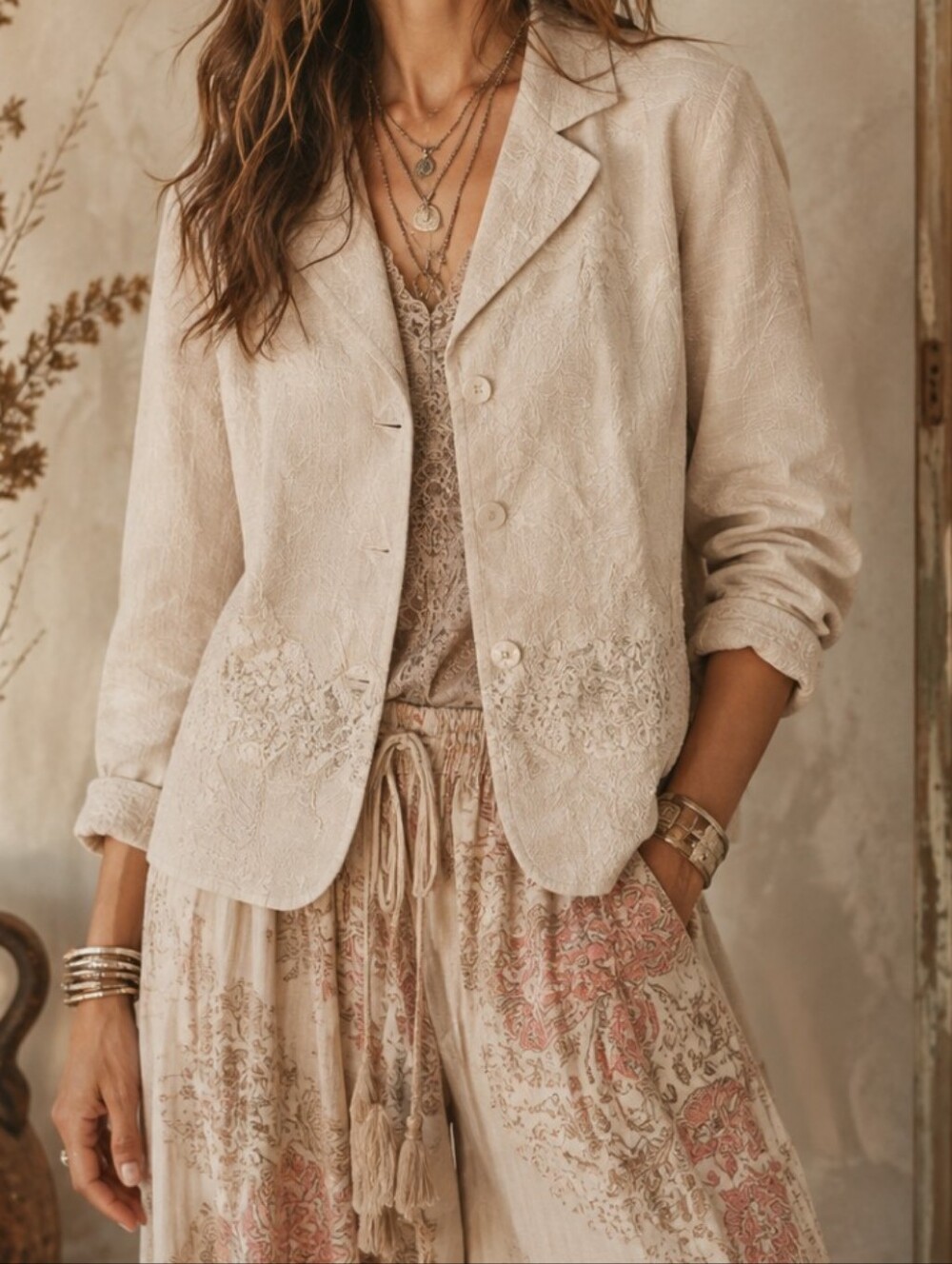 New Coldwater Creek Cotton Tan Eyelet Floral Stripe Brown Cream Coat Large